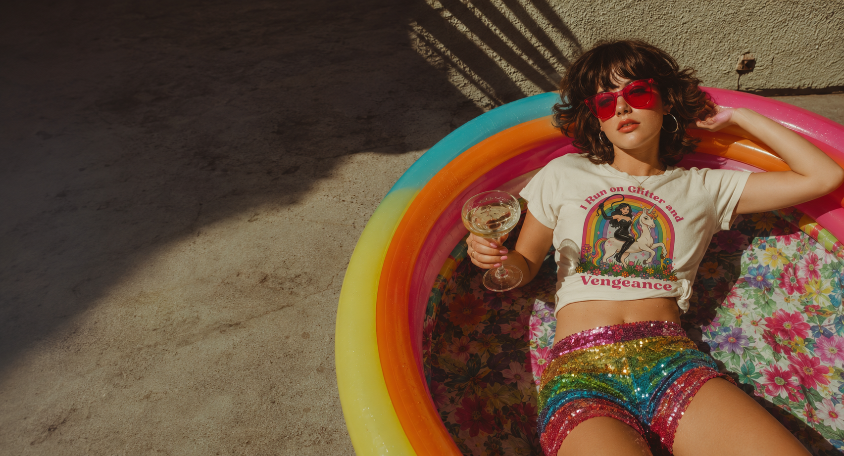 Baddie lounging in a rainbow pool wearing a Bitch, I'm a Baddie graphic tee