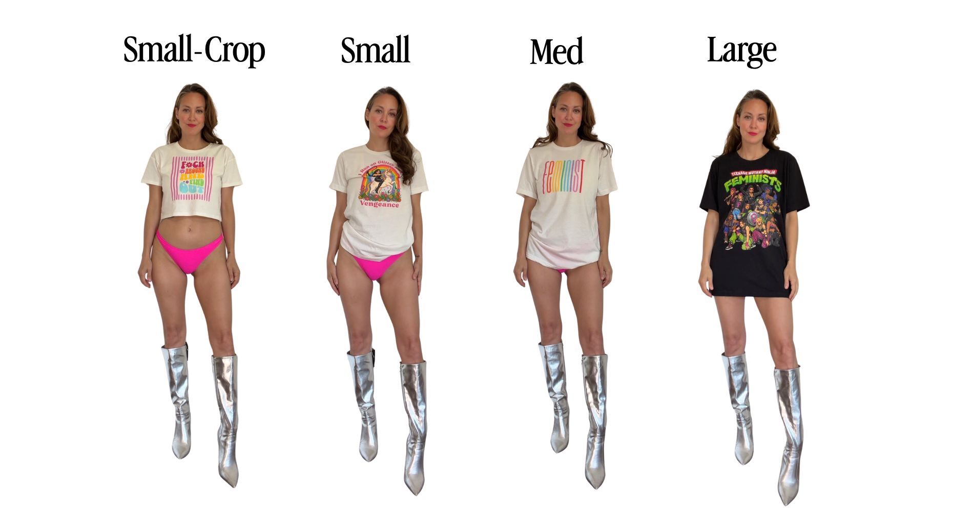 Model wearing small crop, small, medium and large tee sizes side by side
