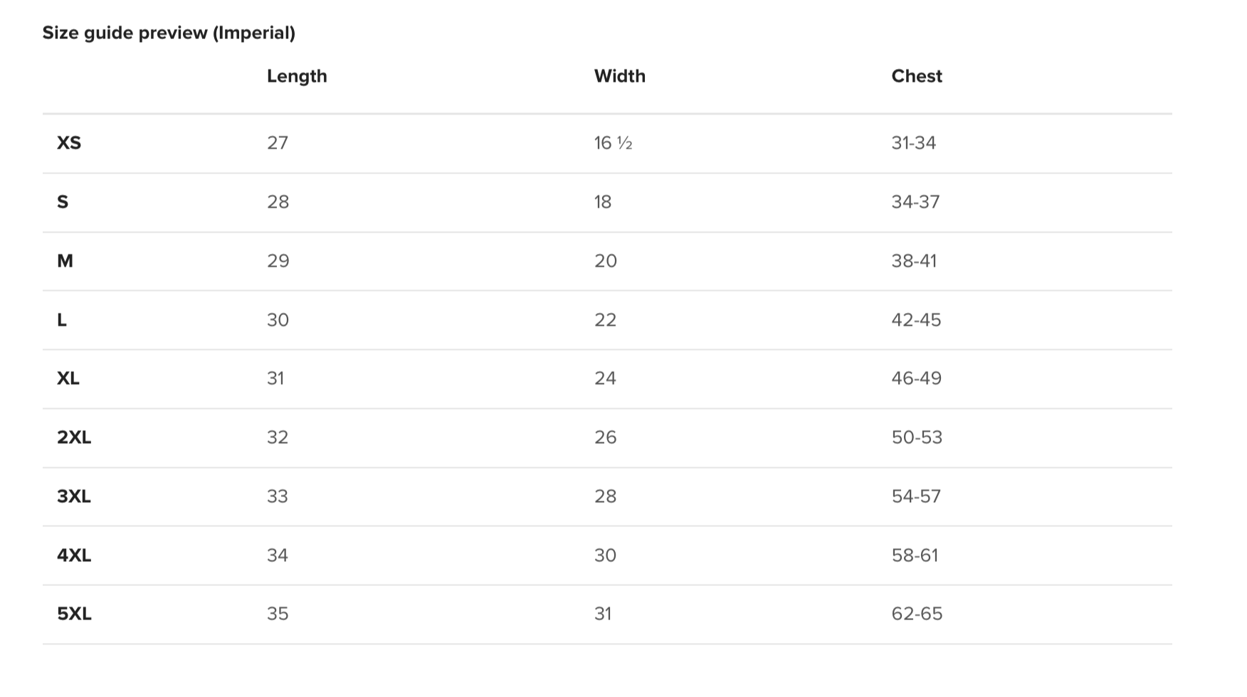 Size guide table with length, width and chest measurements from XS to 5XL